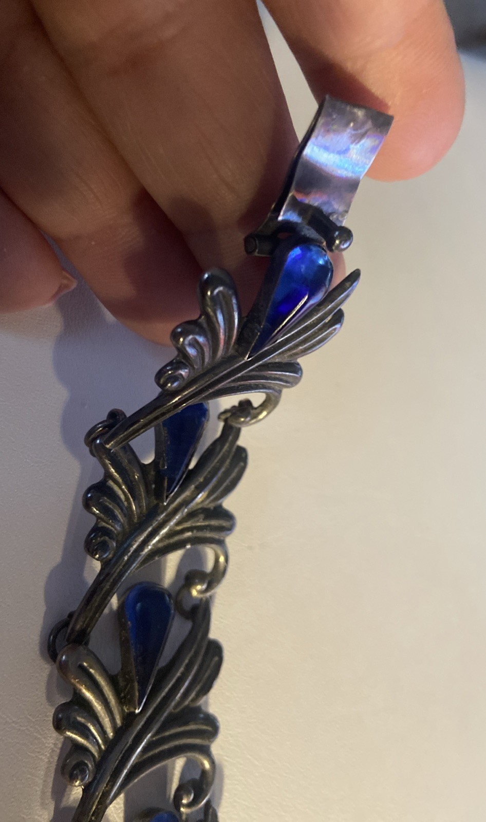 VTG Los Castillo Taxco Mexican Sterling Blue Cabochon Glass Floral Bracelet 7″