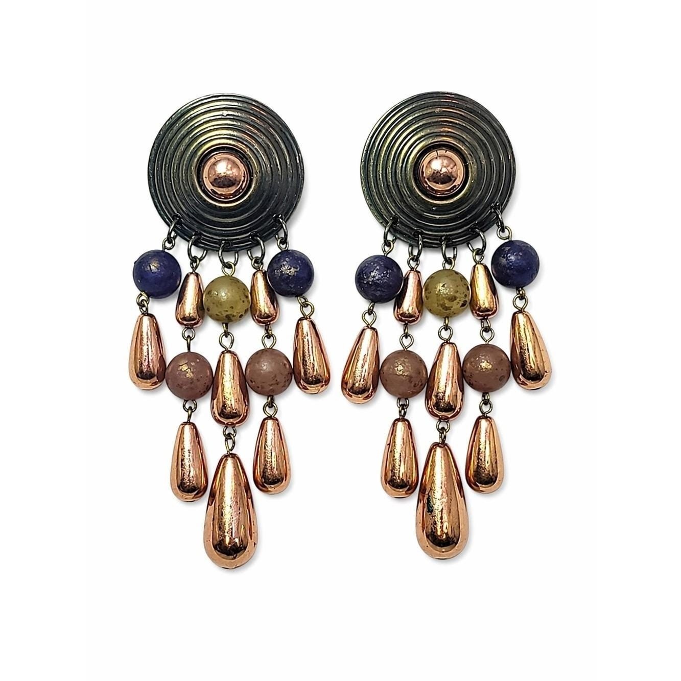 Vintage Mixed Metal Copper Chandelier Earrings Boho Acrylic Bead Dangle