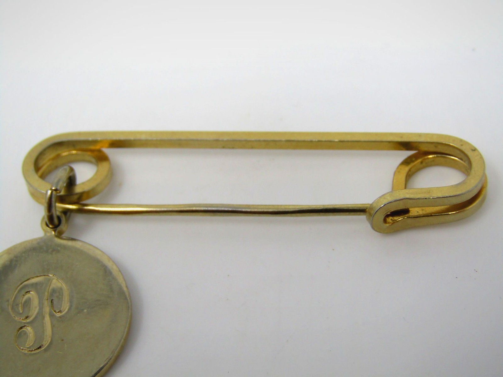 Vintage Letter P Initial Monogram Charm Gold Tone Safety Pin Brooch Collar Pin