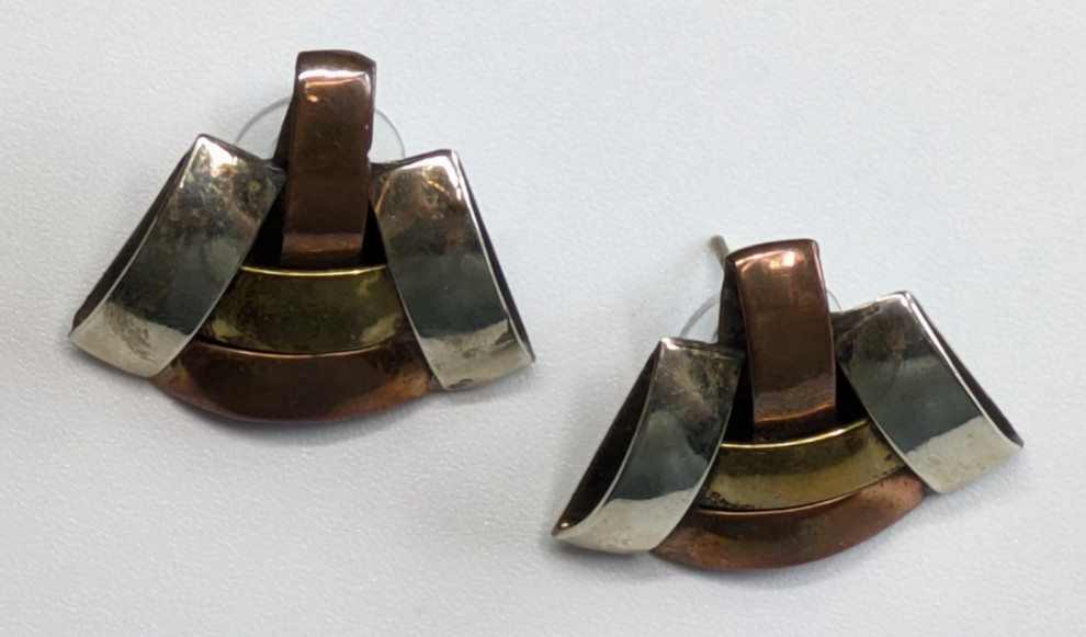 VTG Artisan Copper Brass Silver Tone Metal Modernist Pierced Earrings 7/8″