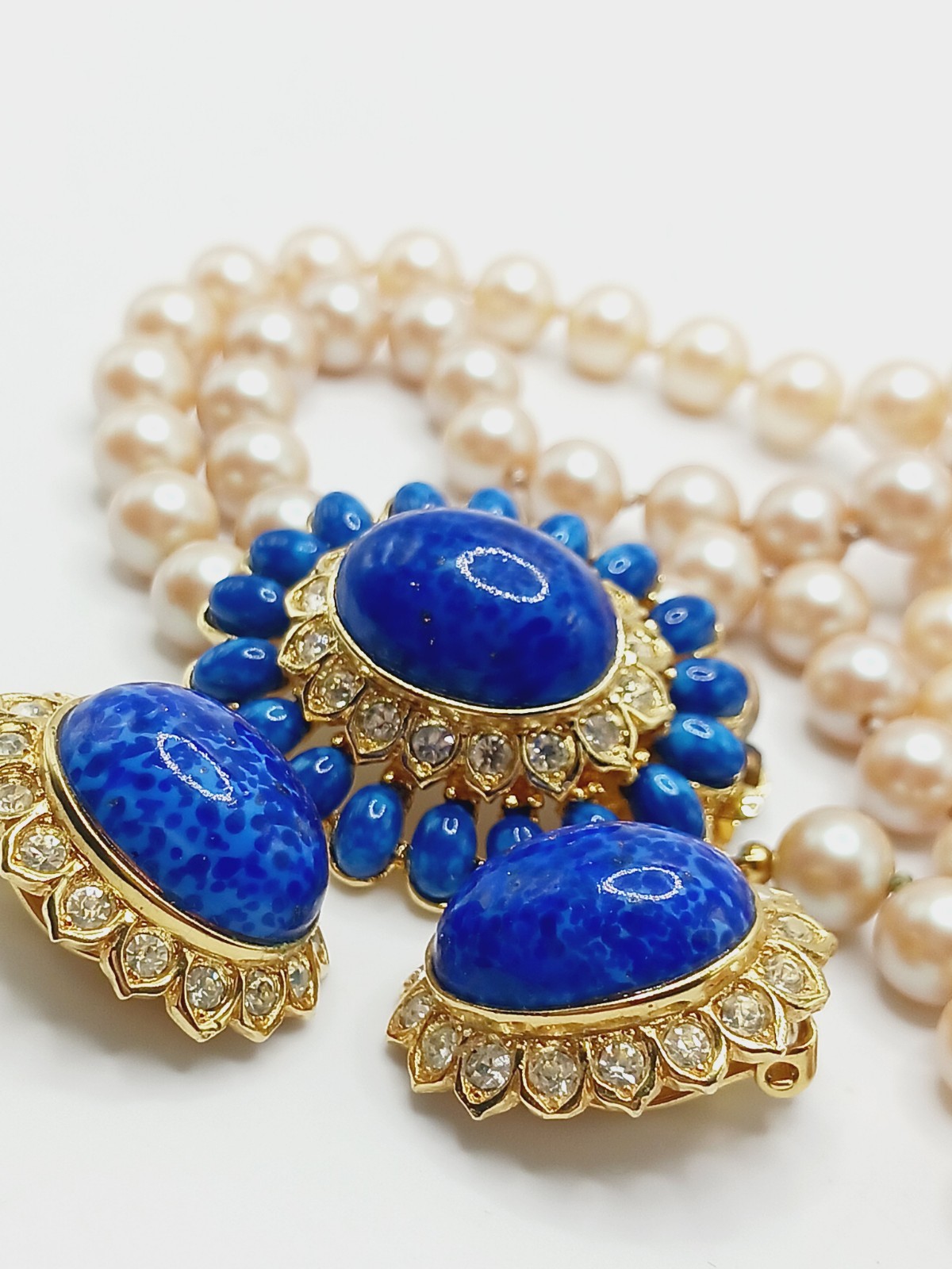 Vintage Set faux Lapis Lazuli mottled Glass Necklace pearl dome cabochon mogul