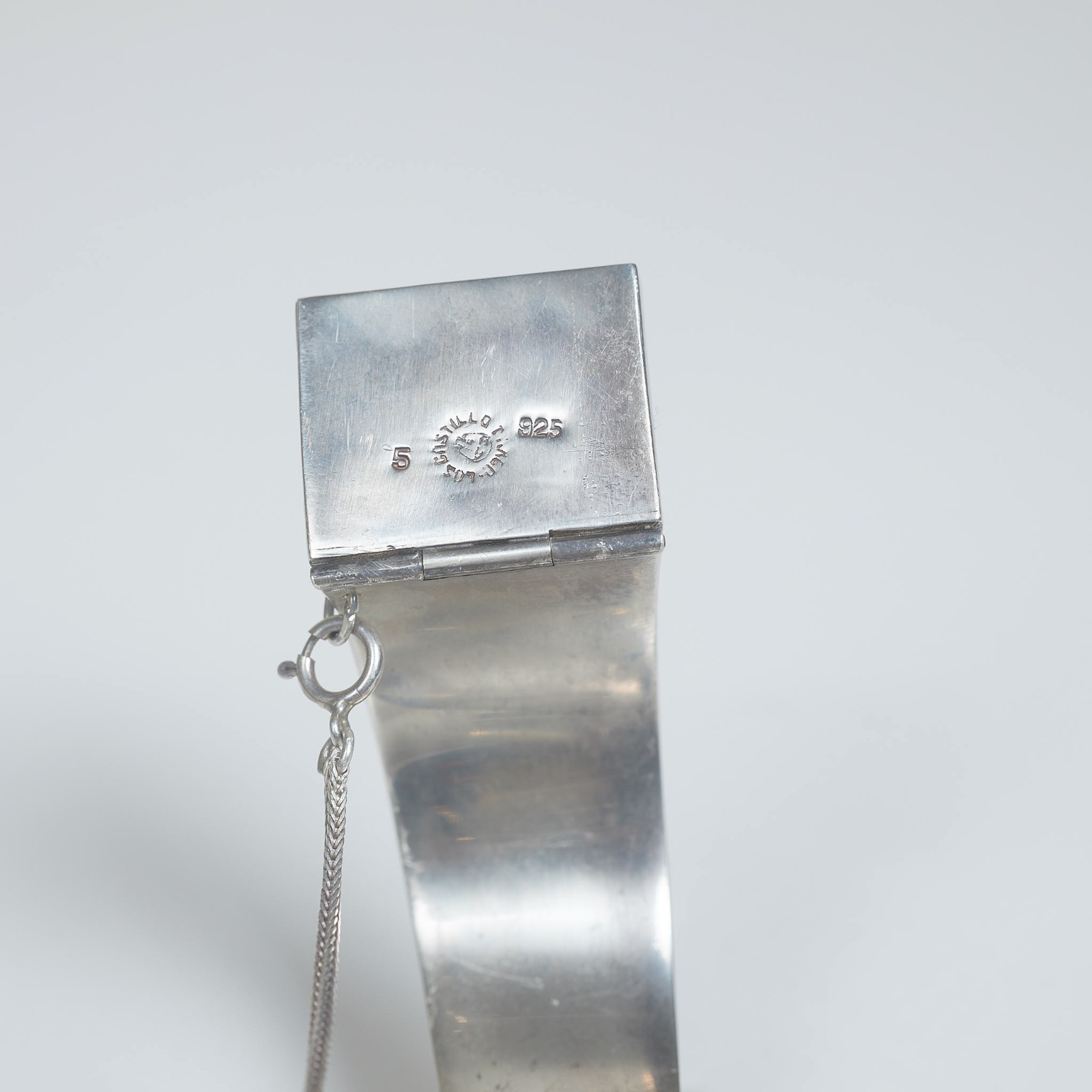 LOS CASTILLO Taxco 50s/60s Sterling Wide Bracelet Green Chalcedony 105g ca. 6.3″
