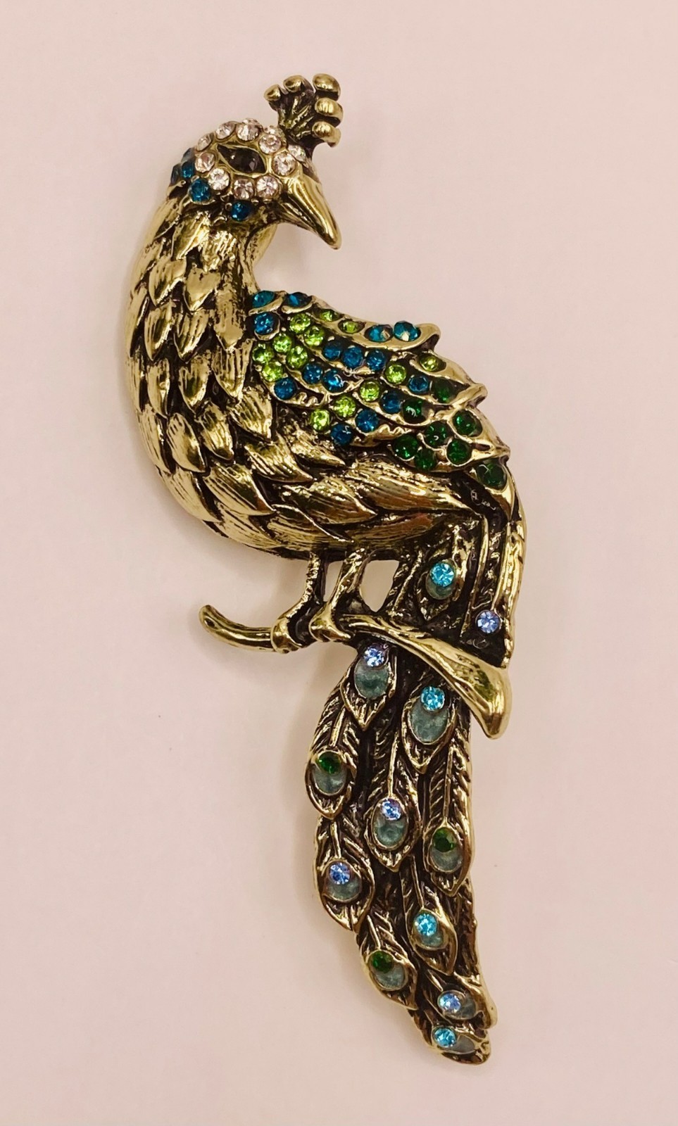 Gold-Tone Peacock Brooch Pin Blue Purple Rhinestones -20B