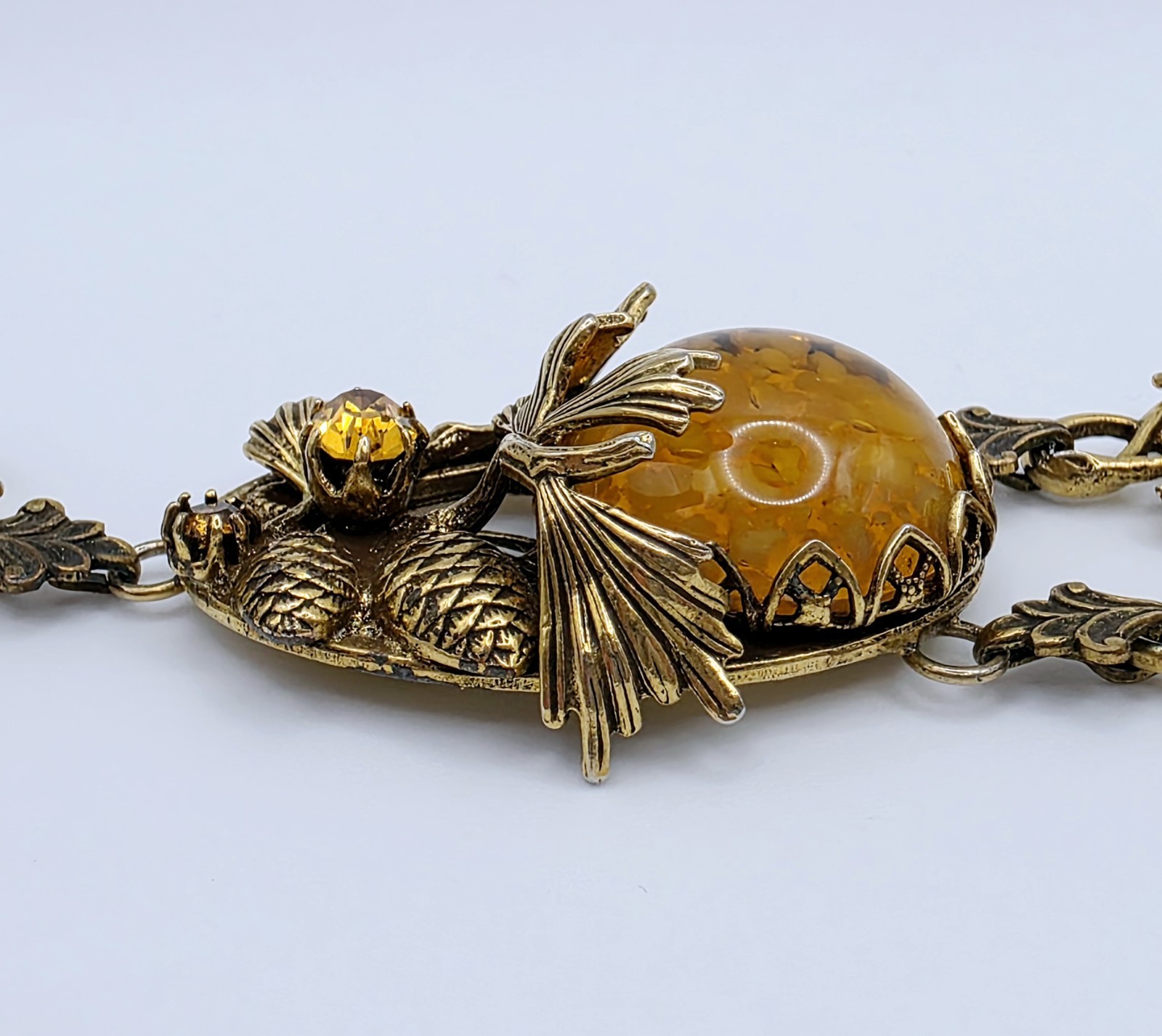Vintage Germany Amber Glass Cabochon Tassel Pendant Necklace Rhinestone Leaf