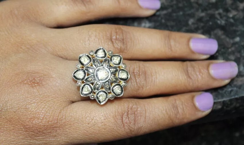 1.24ct Polki Rose Cut Diamond Victorian Look 925 Silver Ring