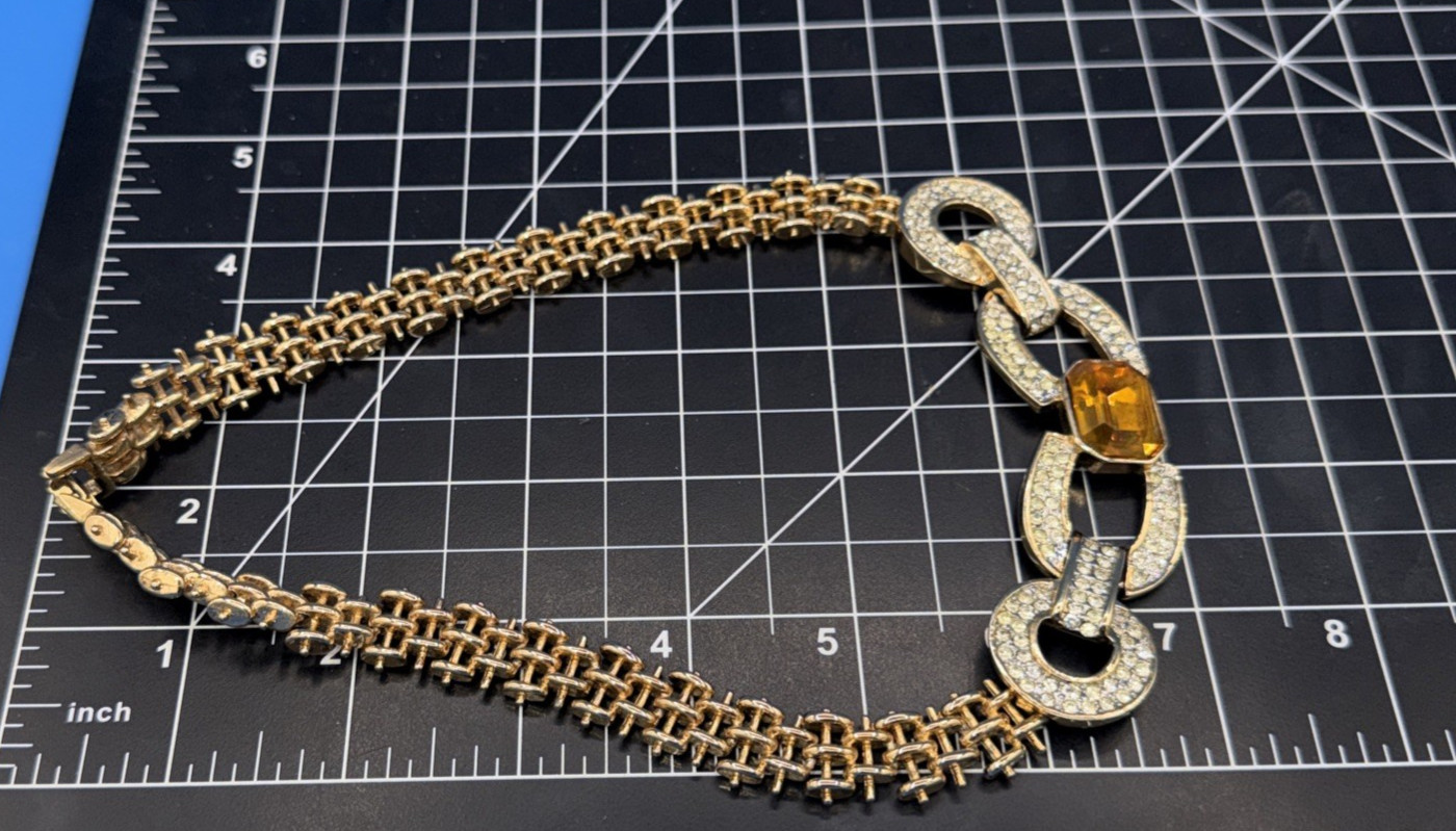 Vintage Gold‑Tone Pavé Link Necklace w/ Yellow Gemstone & Rhinestones