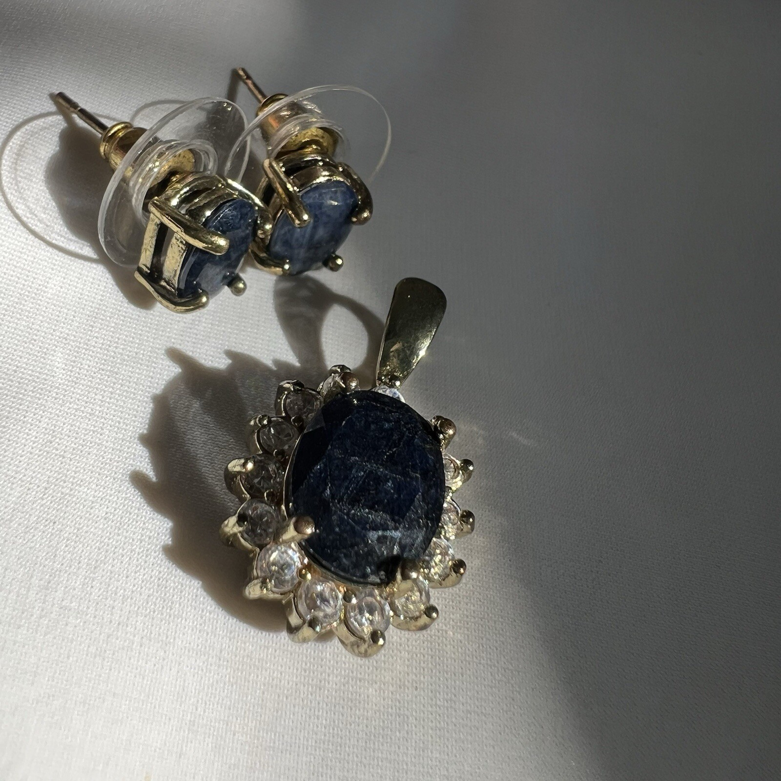 Vintage Blue Iolite Gemstone Gold Tone Pendant Stud Earrings Estate Jewelry Set