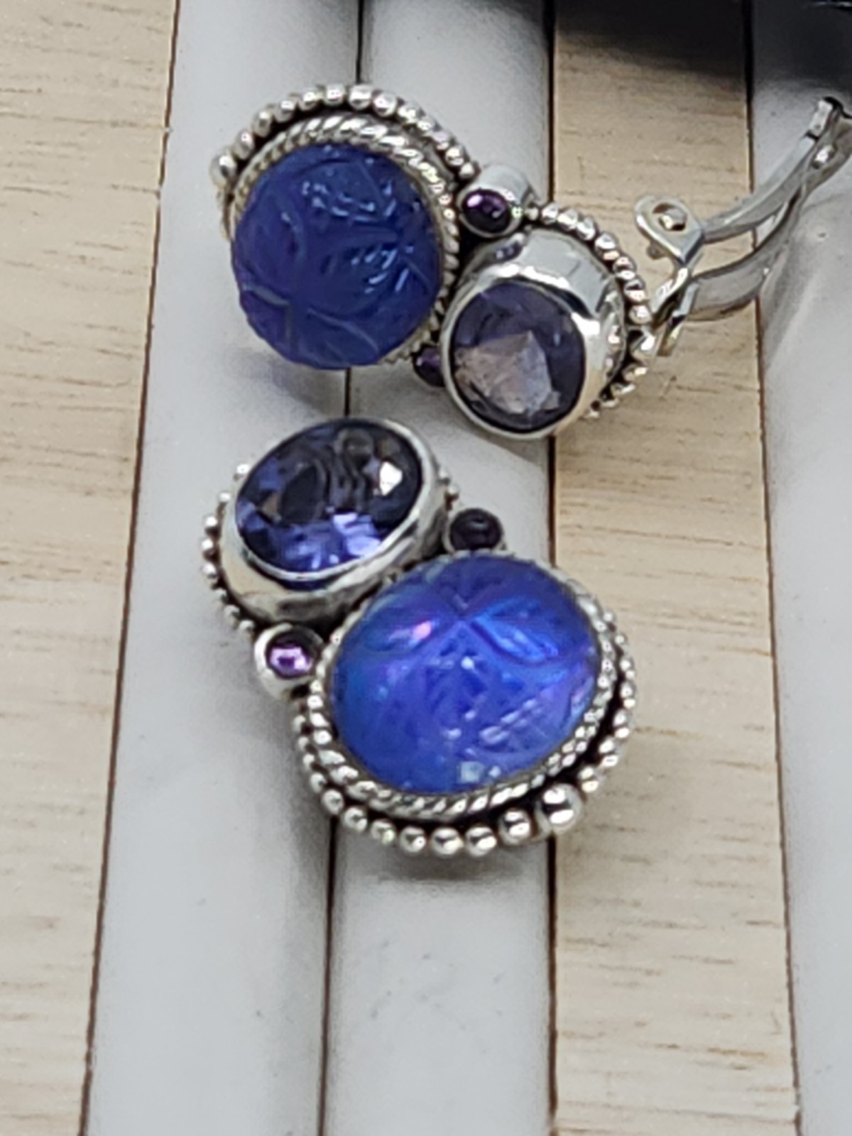 Stephen Dweck Sterling Silver Carved Blue Quartz Iolite Clip On Earrings