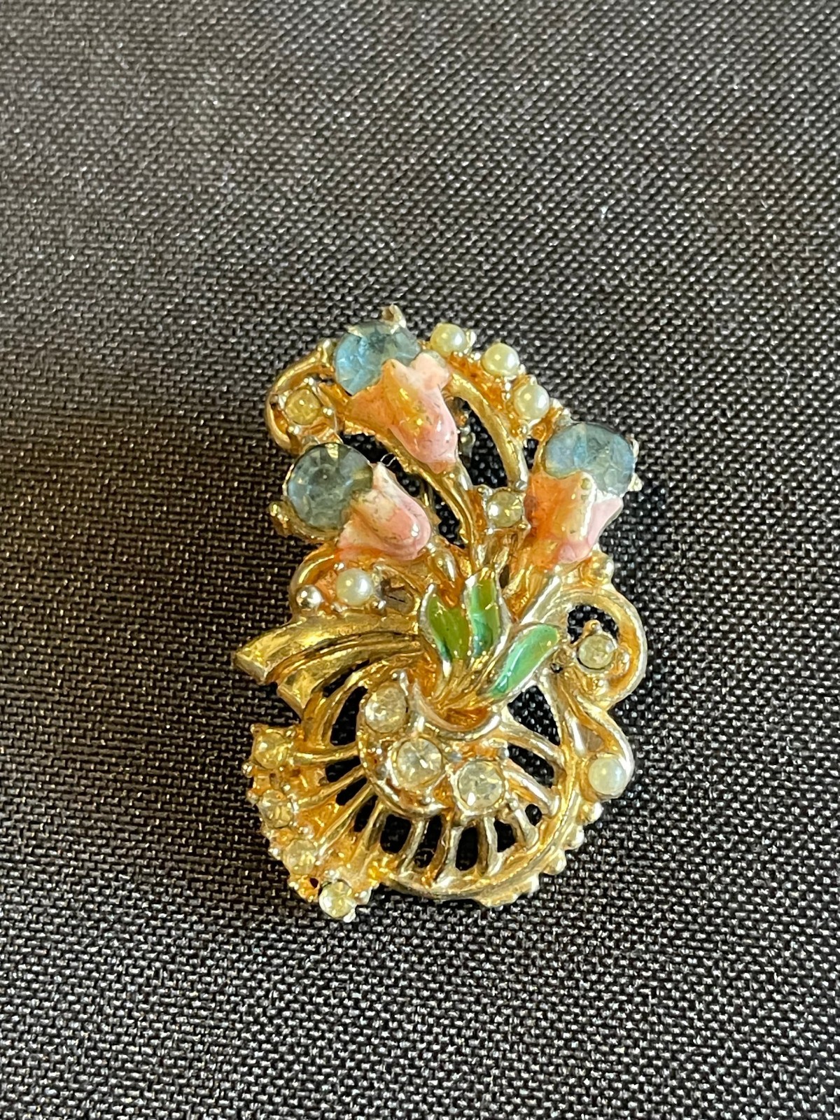 Vintage Rhinestone Tulip Bouquet Pink and Green Enamel Brooch