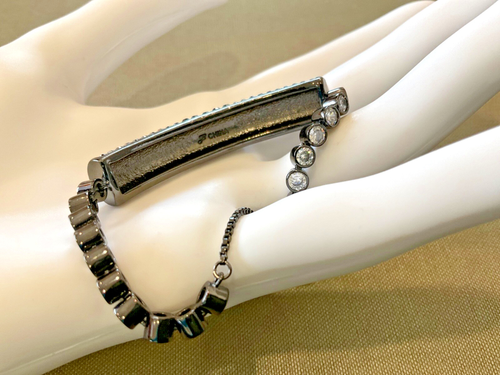 JB Joan Boyce signed pave crystal charcoal slide bracelet HSN mirrored vintage