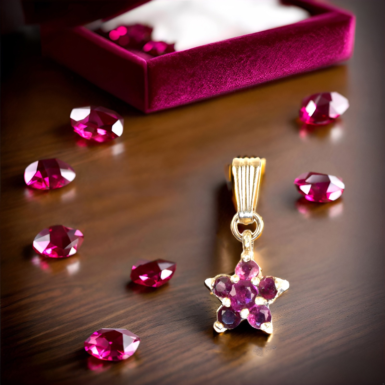 14K Solid Yellow Gold Natural Ruby Gold Star Pendant Necklace, 5 Red Rubies