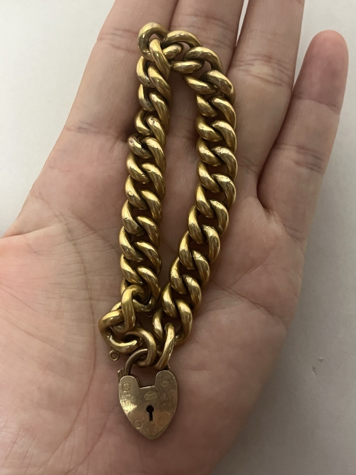 Heavy 34g Antique Victorian T*H Gold Filled Curb Link Bracelet Heart Padlock 7″