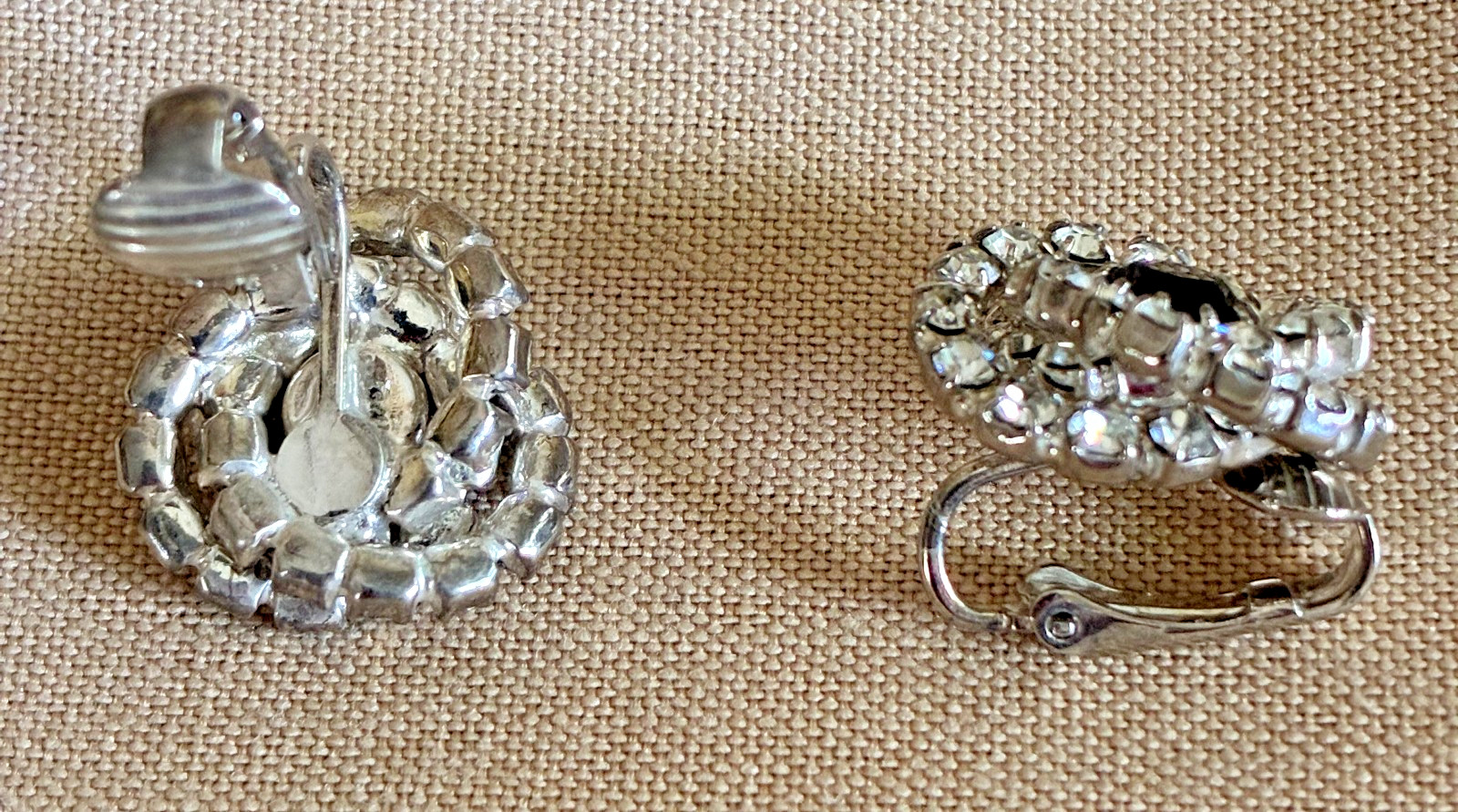 Vintage Black Clear Rhinestone Clip Earrings Double Halo Silver Tone 3/4″