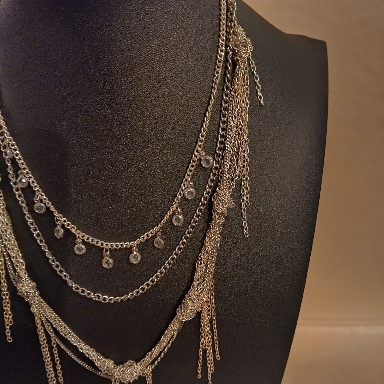 Express Multi Layer Knotted Chain Crystal Fringe Statement Necklace 14″ E001