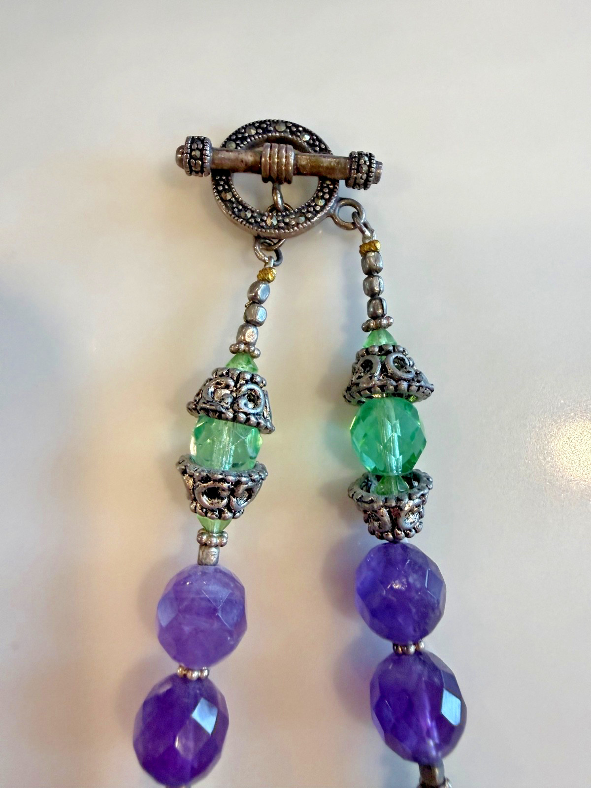 Vintage Sterling Necklace Boho Amethyst and Green Faceted Bead with Drop Crystal