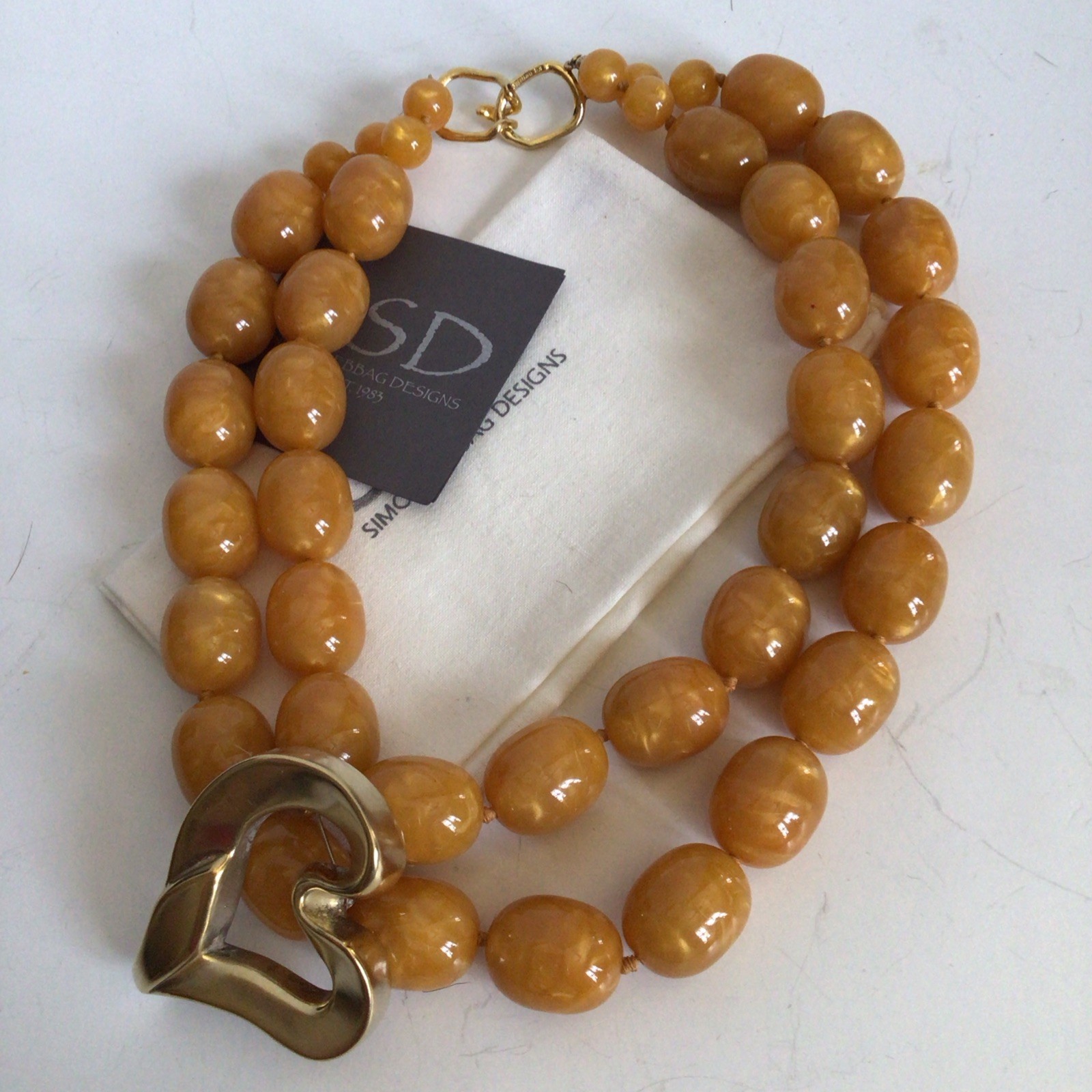 SPECIAL SEBBAG VON MUSULIN NECKLACE STERLING/GOLD HEART HUGE AMBER COLOR BEADS