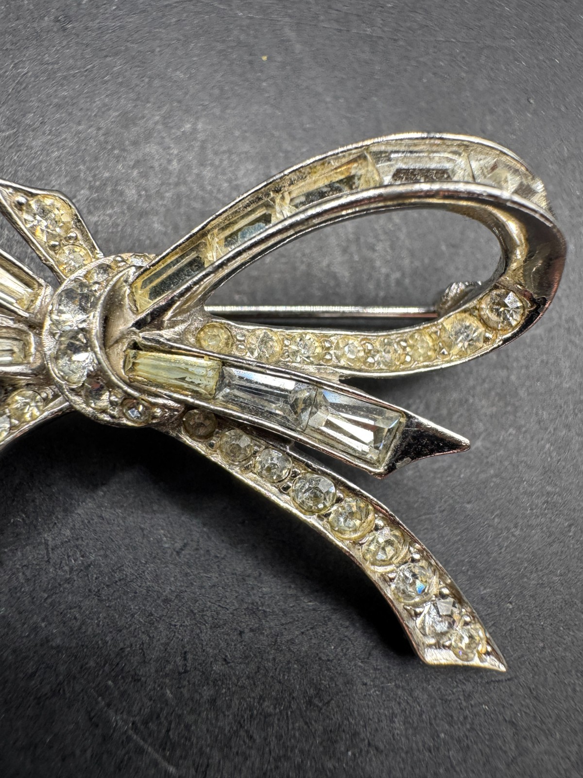 Vtg Marcel Boucher Bow Brooch Pin SIlver Tone Emerald Cut and Round Crystal 5266