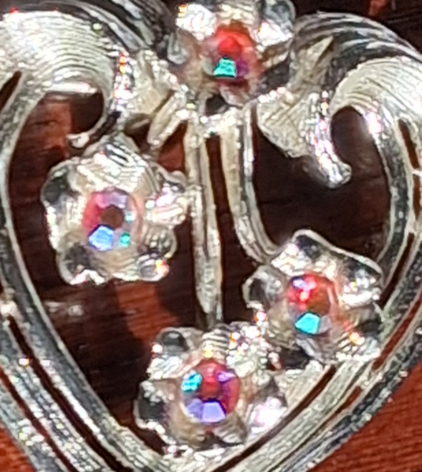 Vintage Silver Tone Heart Pin Brooch With Aurora Borealis Rhinestones