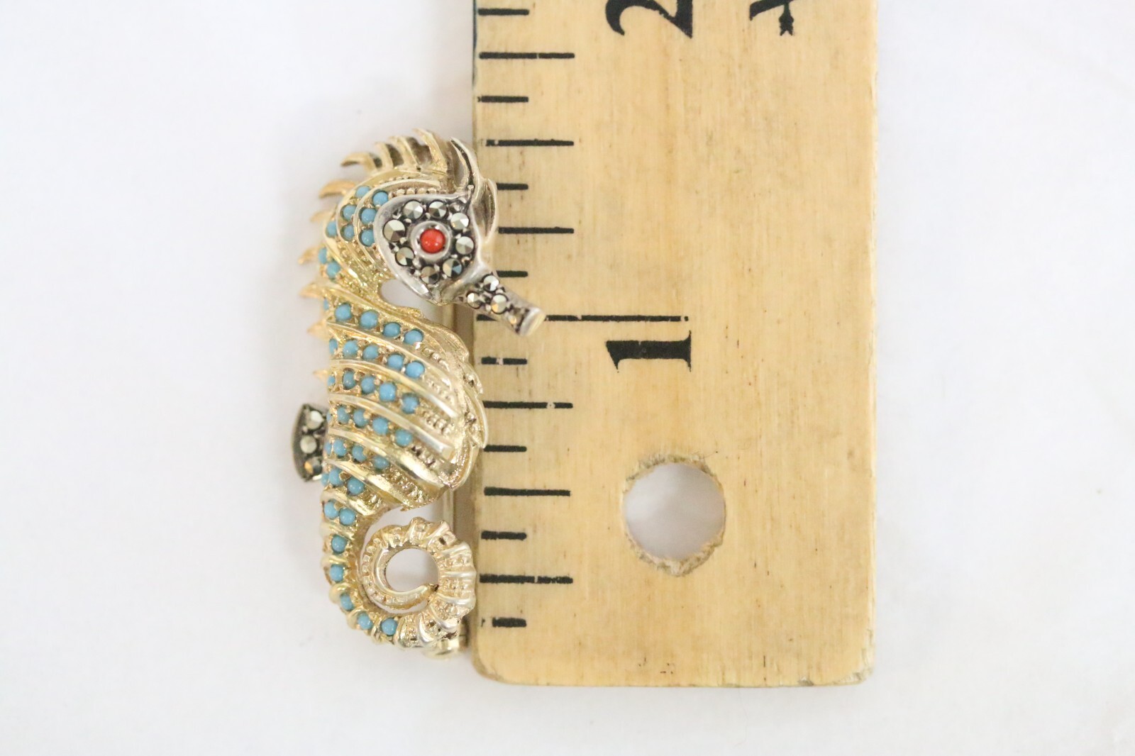 800 Silver Turquoise Marcasite Coral Seahorse Brooch Vintage