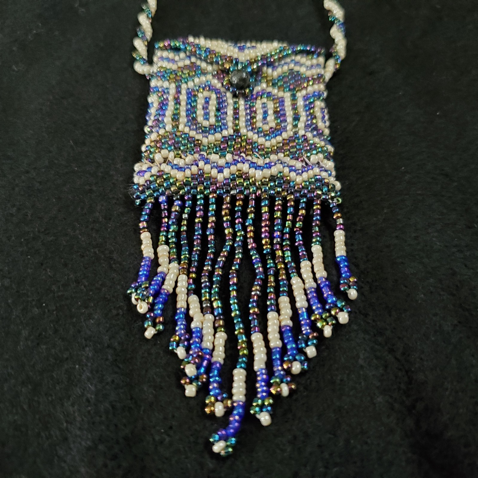 Vintage Mini Purse Necklace Seed Beaded Coin Pouch Artisan Oil Slick 24″ READ