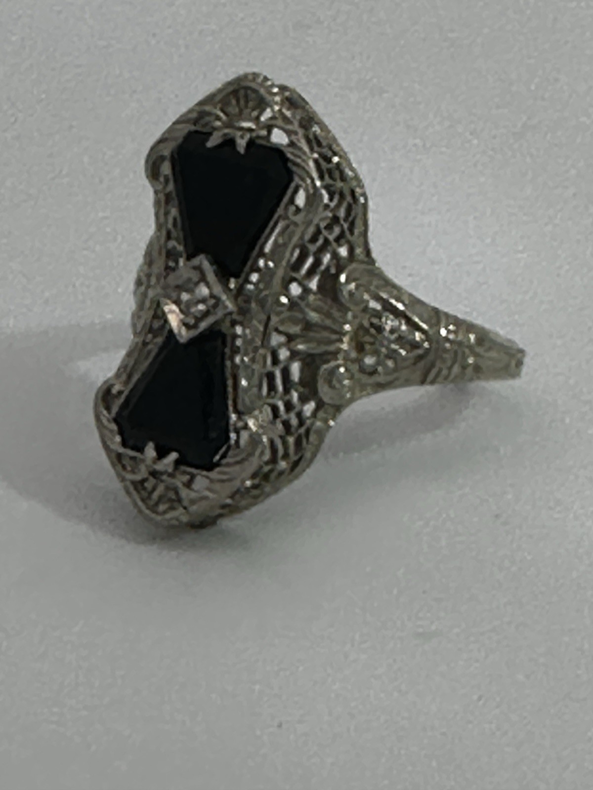 Vintage 14k White Gold Estate Onyx Diamond Ring Filigree Art Deco