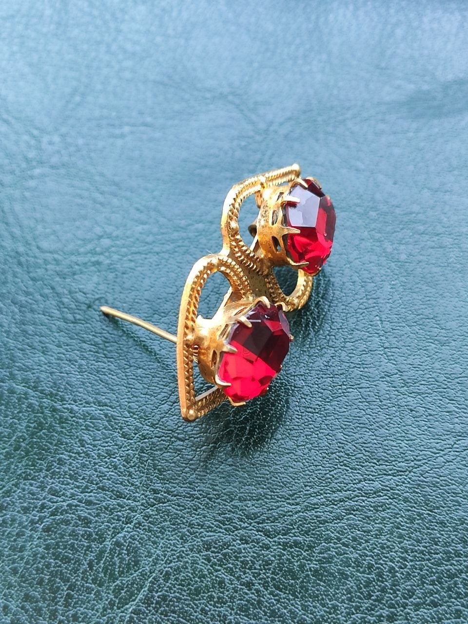 Vintage USSR Soviet Brooch Red Glass Stones Gold Plated Brass Pin 1970s 6g