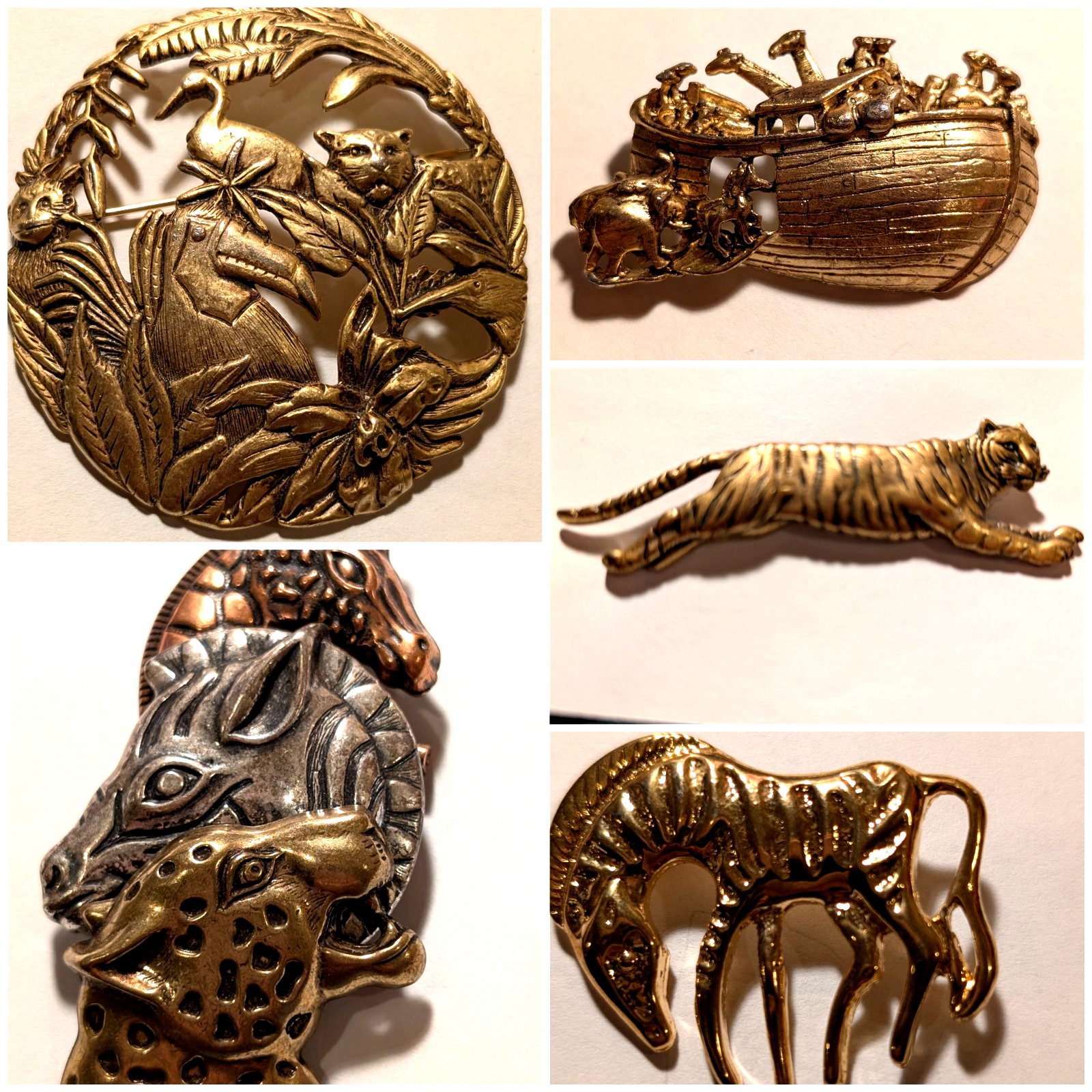 Vintage Safari Animal Broochs Jungel Theme Noah’s Ark Tiger Zebra Lot of 5
