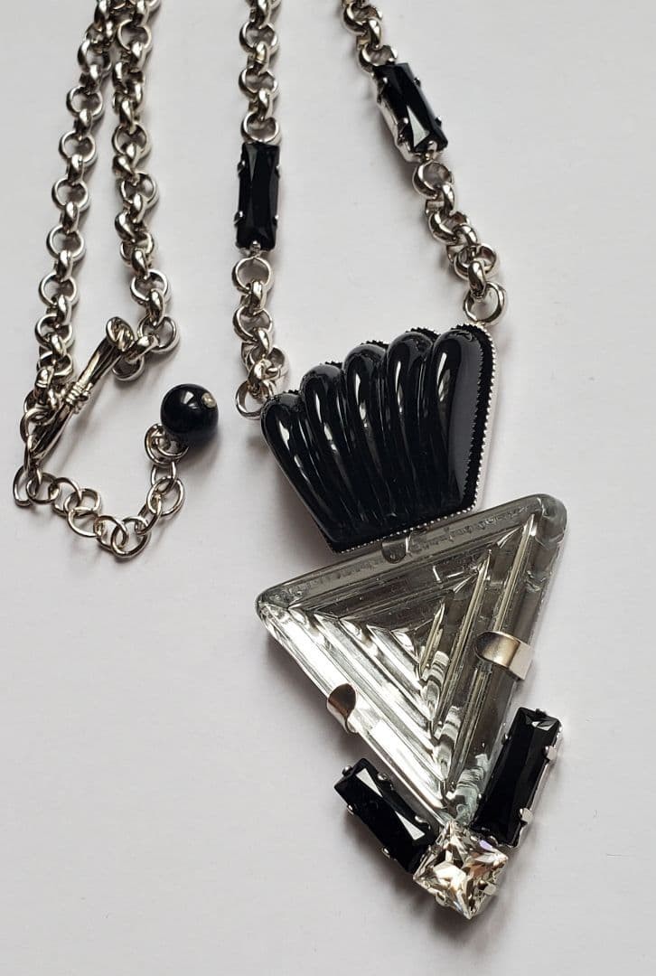 Philippe Ferrandis Necklace Pendant Art Deco Triangle Clear Black H-45cm