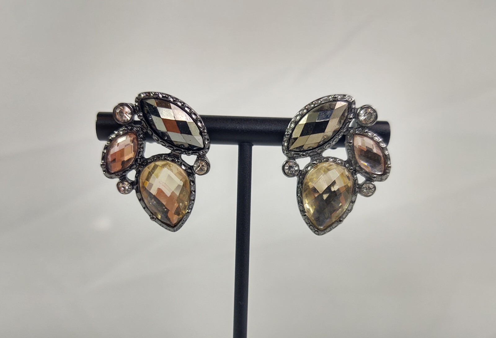 Pierced Earrings Costume Jewelry Silver Tone Multicolor Faceted Stones Vintage