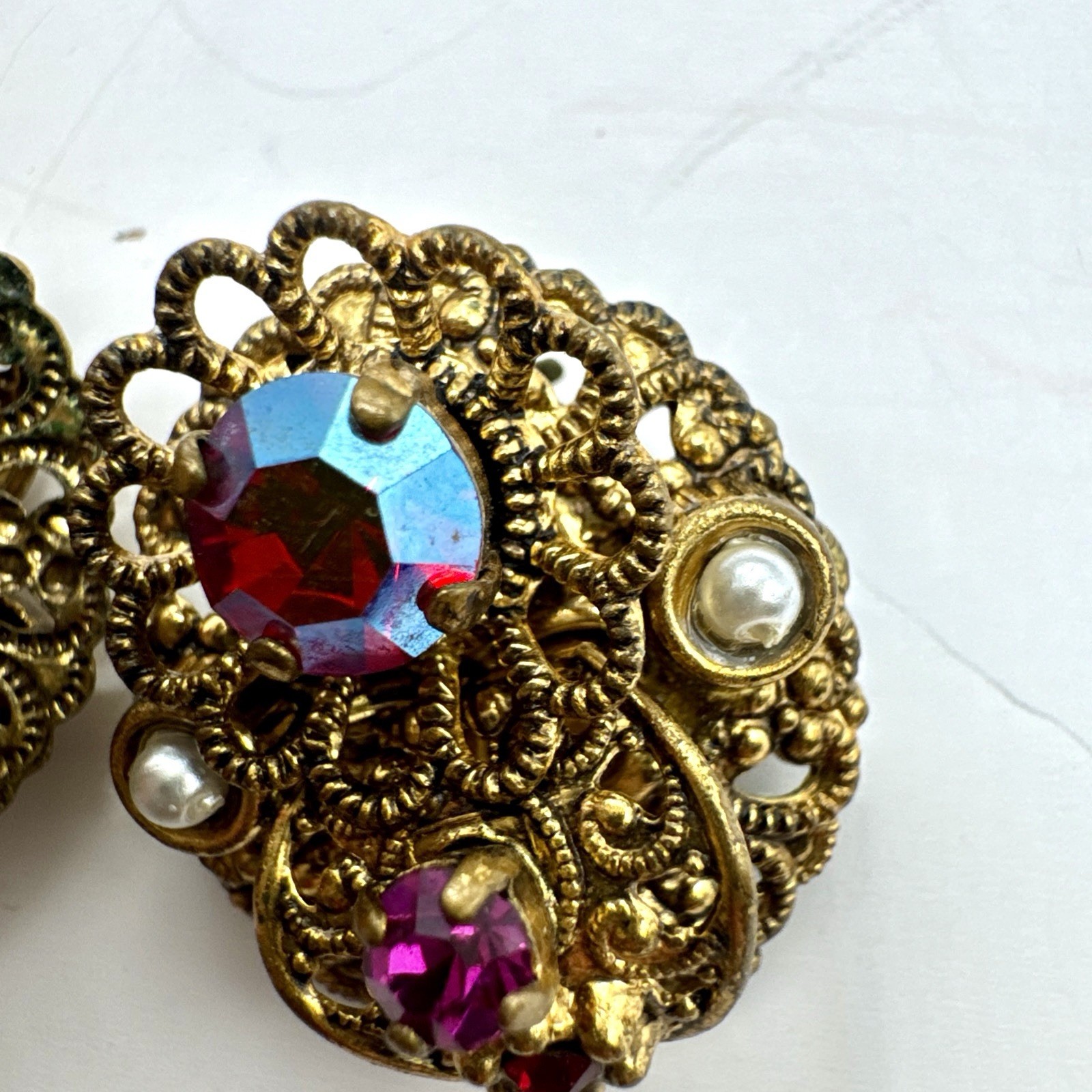 Western Germany Filigree Clip-On Earrings Brass Fuchsia Red AB Rhinestones