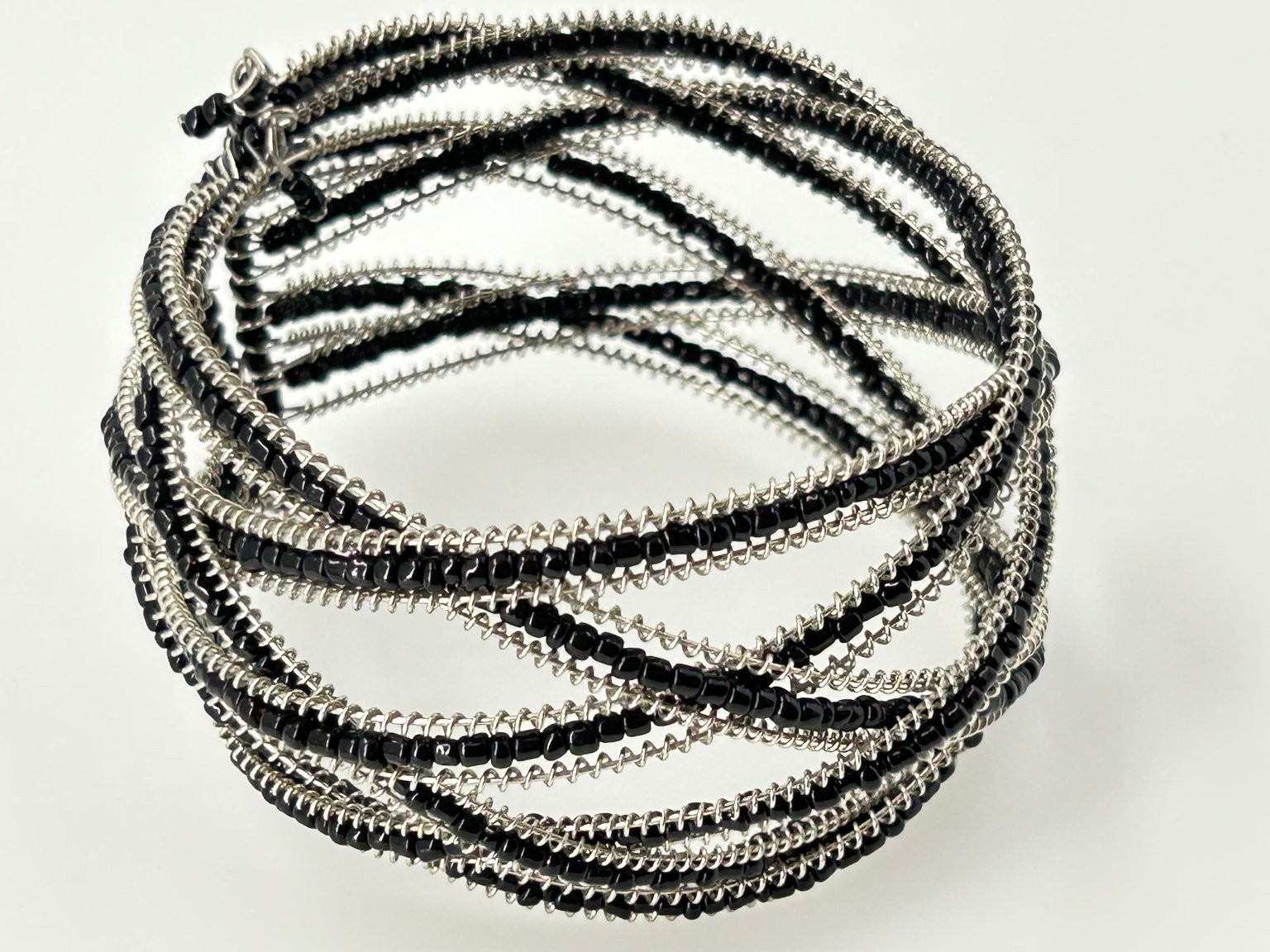 Vintage Black Beaded Cuff Braided Bracelet Silver Tone Multi Strand Wrap