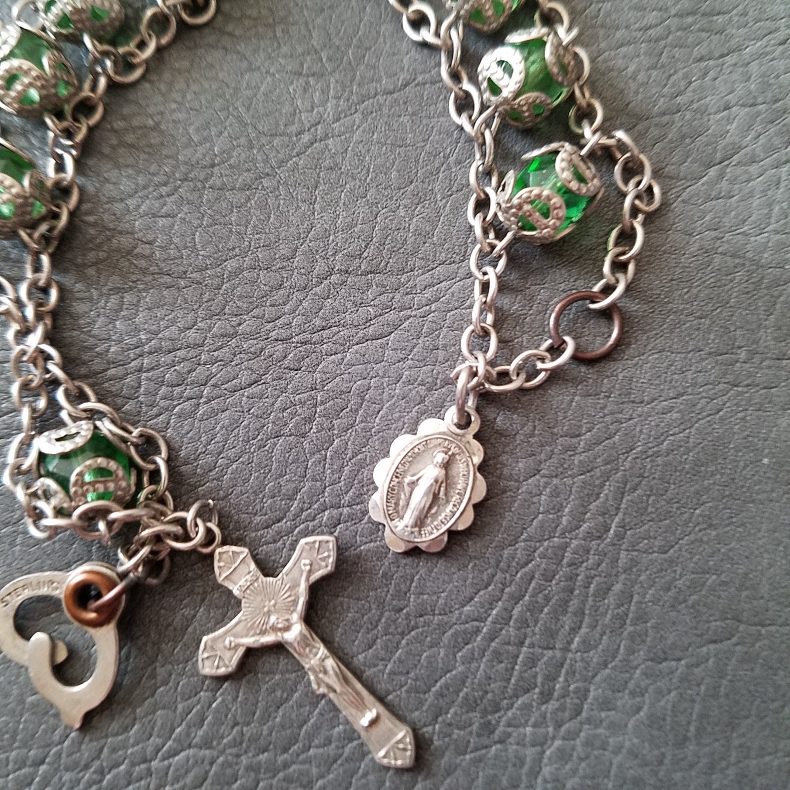 Vintage Sterling Chain Capped Green Bead Rosary Bracelet