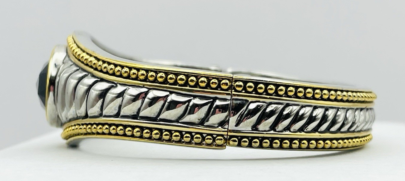 Vintage Silver and Gold Tone Hinged Bangle Bracelet Black Faceted Acrylic Stone
