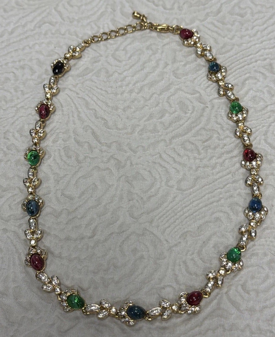Vintage Red Blue Green Cabochon Marquise Cut Swarovski Crystal 16” Necklace