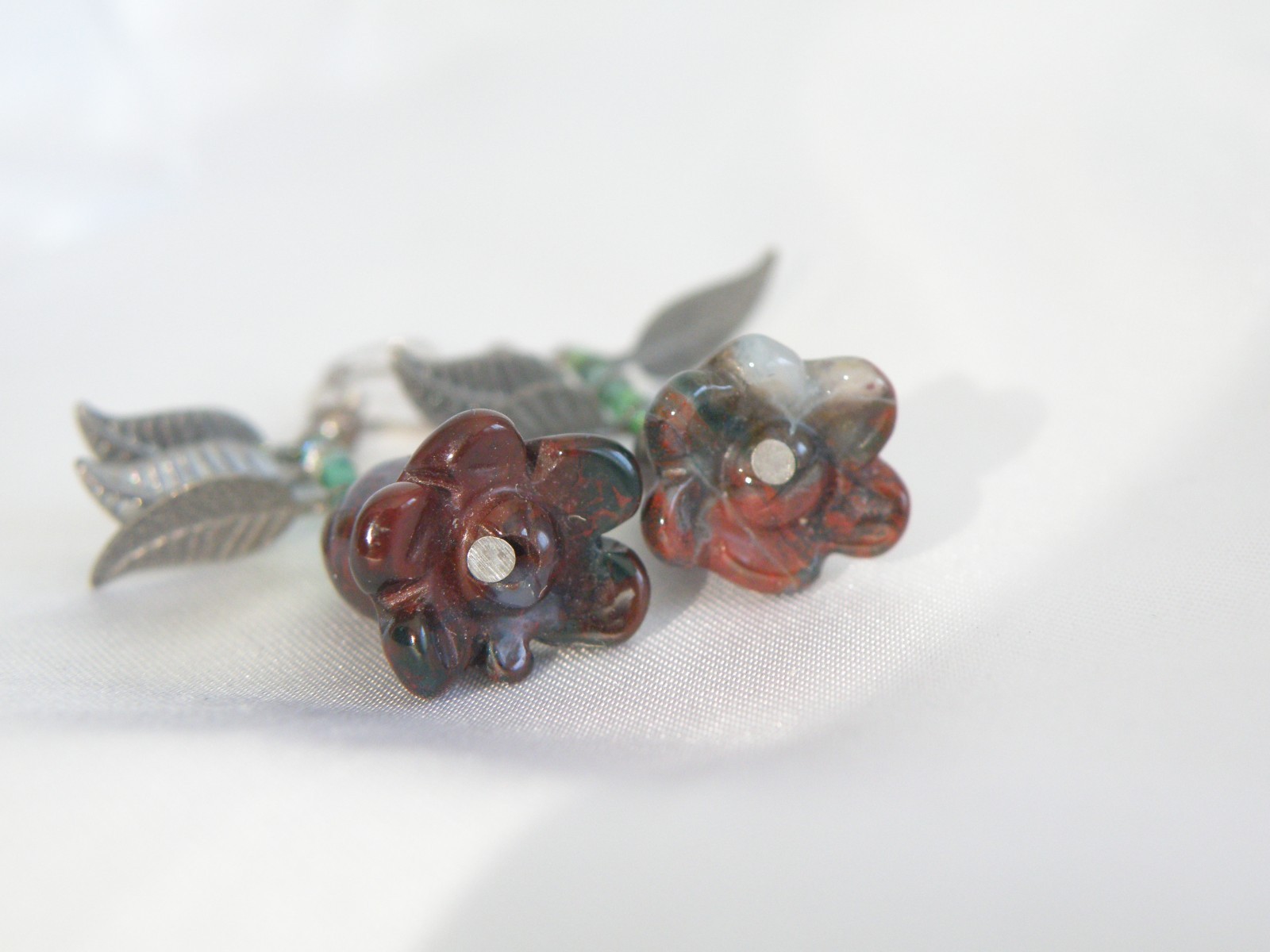 Vintage Sterling Silver 925 Artisan Tulip Flower Carved Stone Dangle Earrings