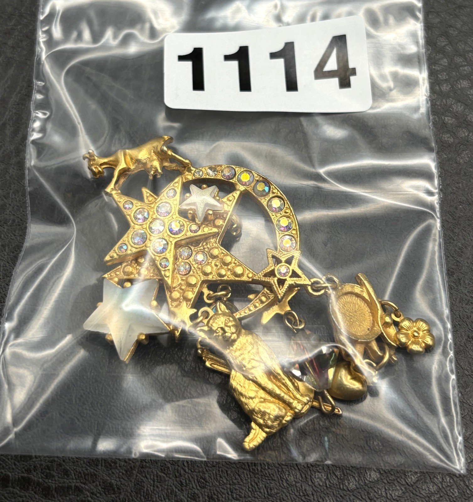 Kirks Folly Hey Diddle Diddle Gold Tone Crystal Brooch Pin Cat Cow Moon Star