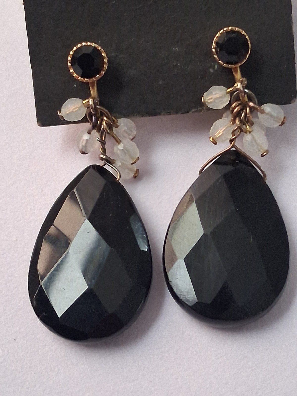 Faceted black glass teardrop stone adjustable clip on earrings w/dangle accents