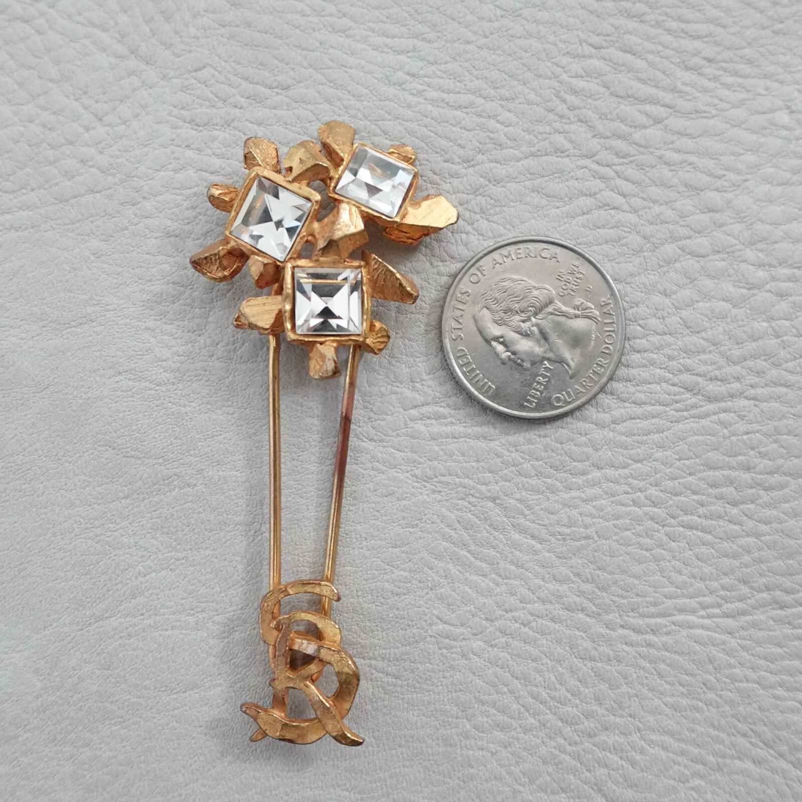 Vintage Brooch Gold Tone Stick Pin Floral Bouquet S R initials Rhinestone