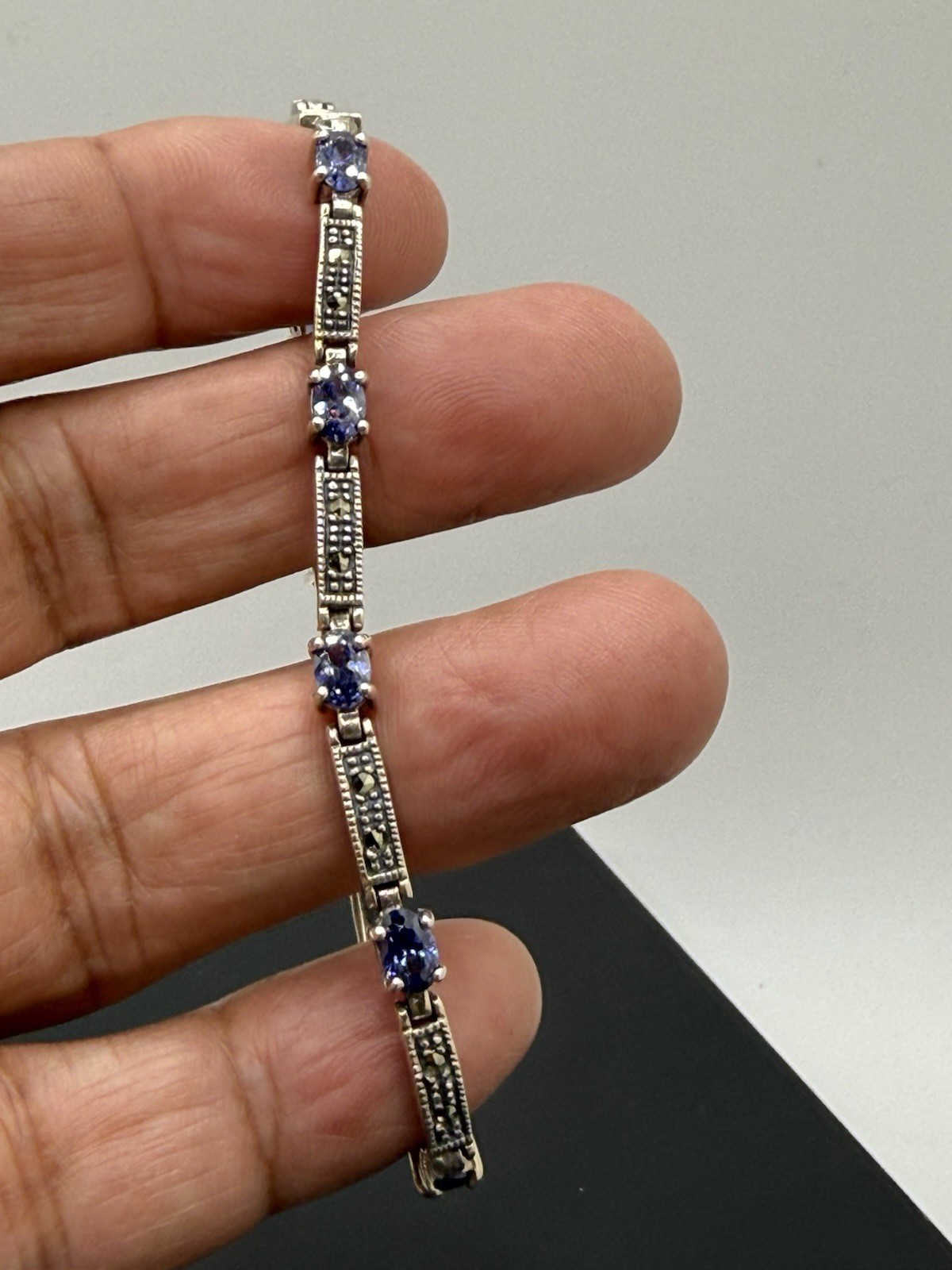 Vintage 925 CW Amethyst Marcasite Stone Panel Link Bracelet Sterling Silver 8”