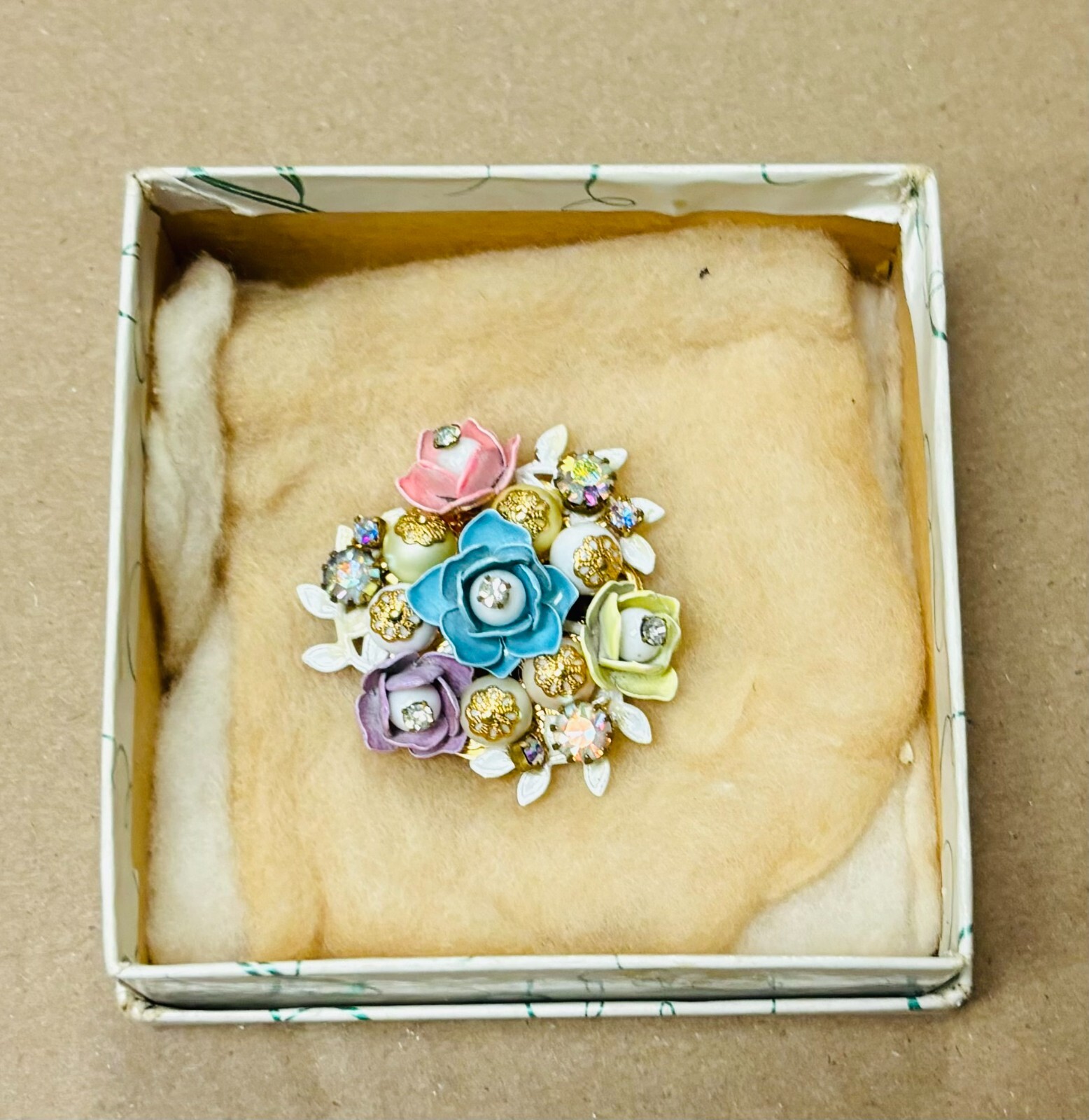 Vintage Weiss Multi Floral Bouquet Brooch-Enamel/Rhinestone/Gold Tone Metal