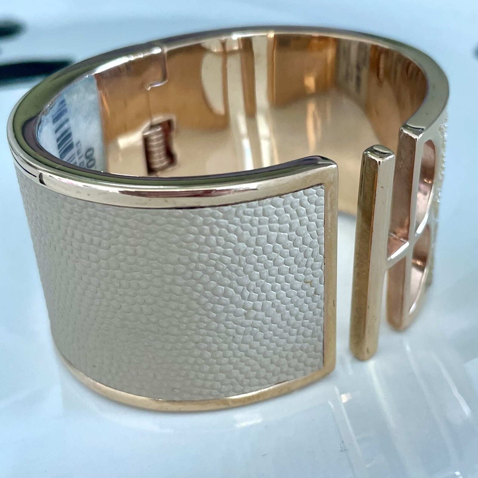 NWT RARE HENRI BENDEL NYC HB Logo GOLD Cuff Beige Leather Crystals Bracelet