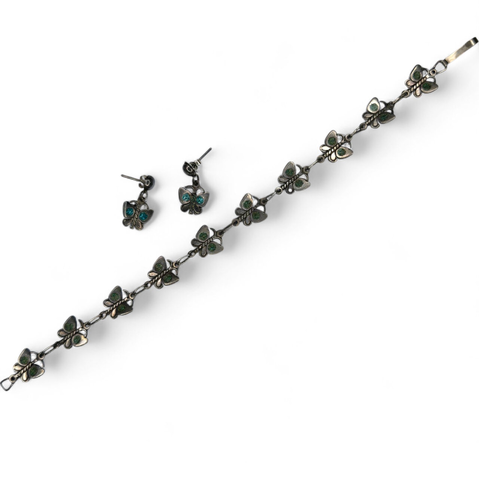 Vintage Mexico Sterling Silver Turquoise Chip Inlay Butterfly Bracelet Earrings