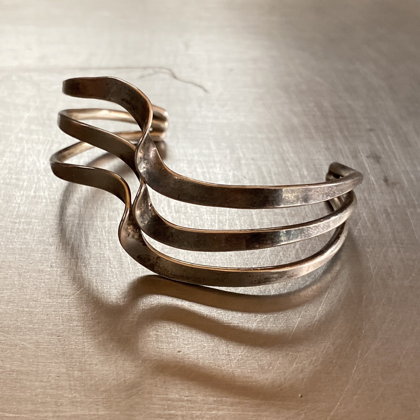 Sterling Silver Mid Century Modern Tri-Twist Cuff Bracelet