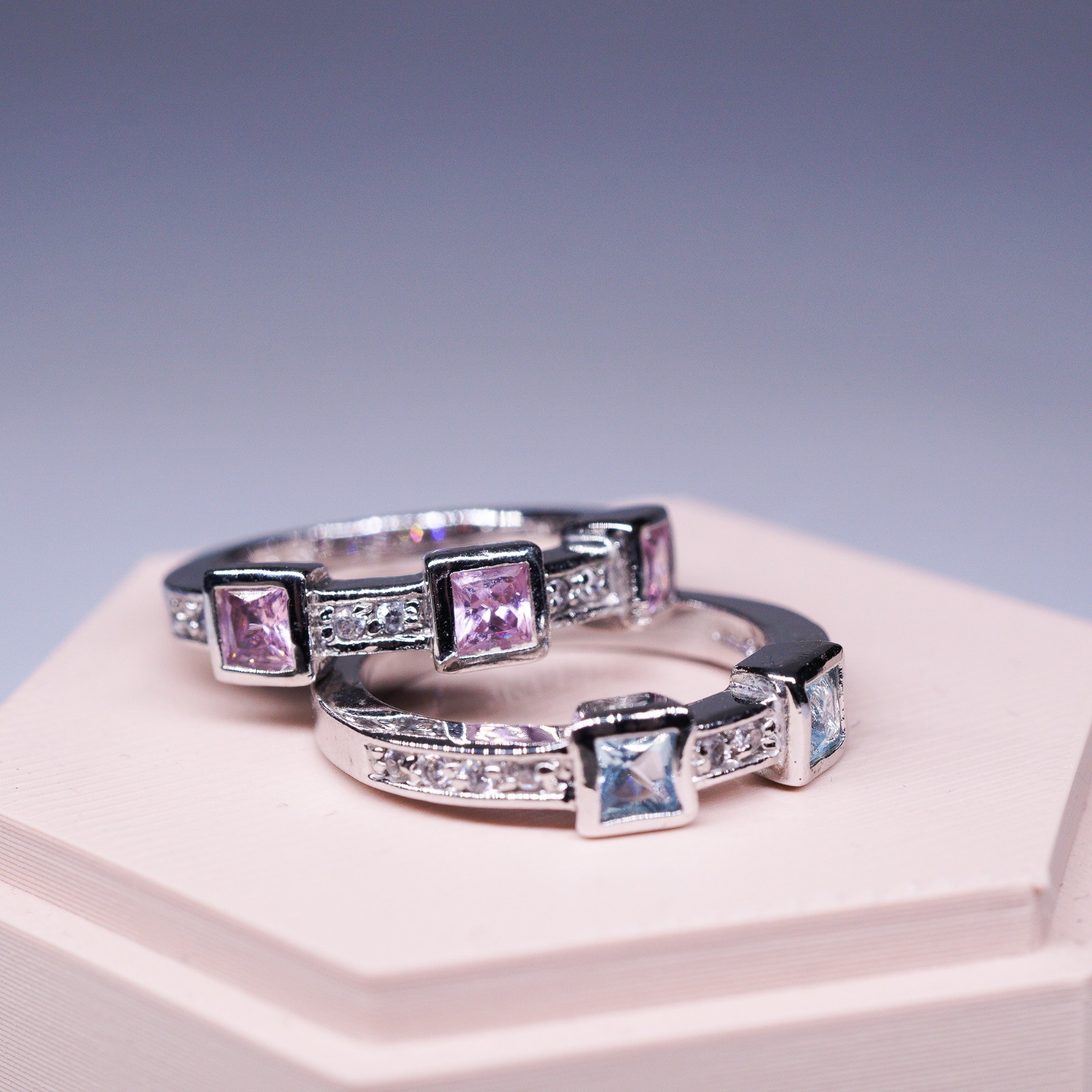 1990’s 18K White Gold-Plated Pink and Blue square stone 2 ring stack