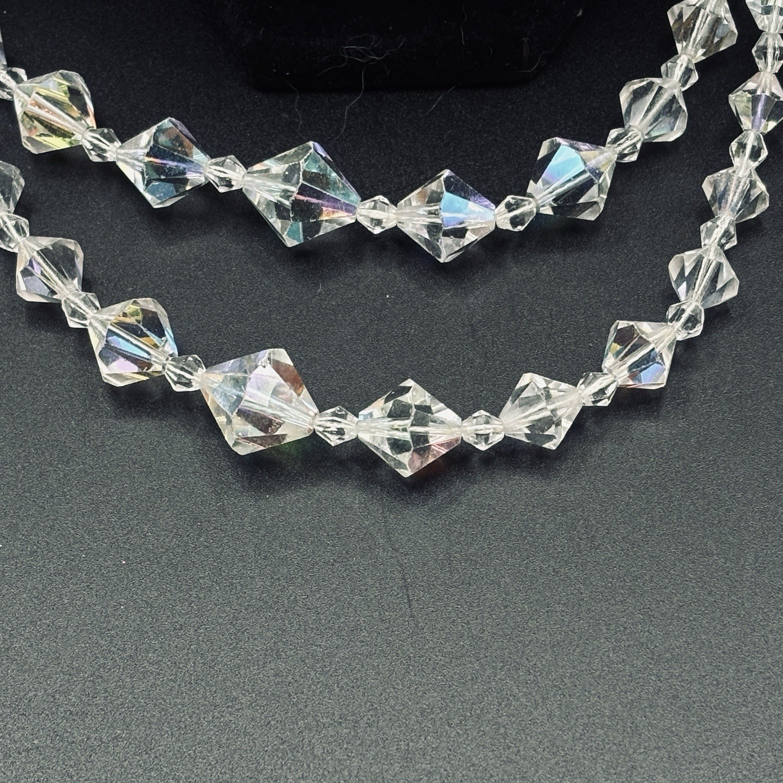 Double Strand Aurora Borealis Faceted Bicone Crystal Graduated Necklace 27” VTG