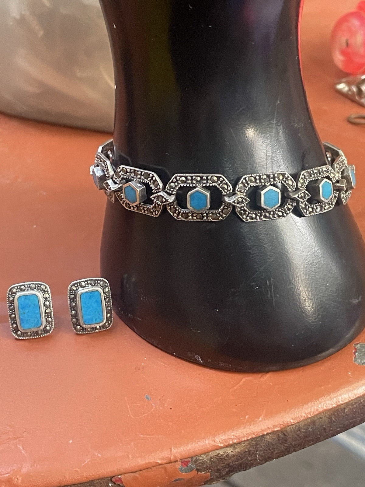 VTG .925 Stamped Sterling Silver Geometric Blue Turquoise Bracelet And Earrings