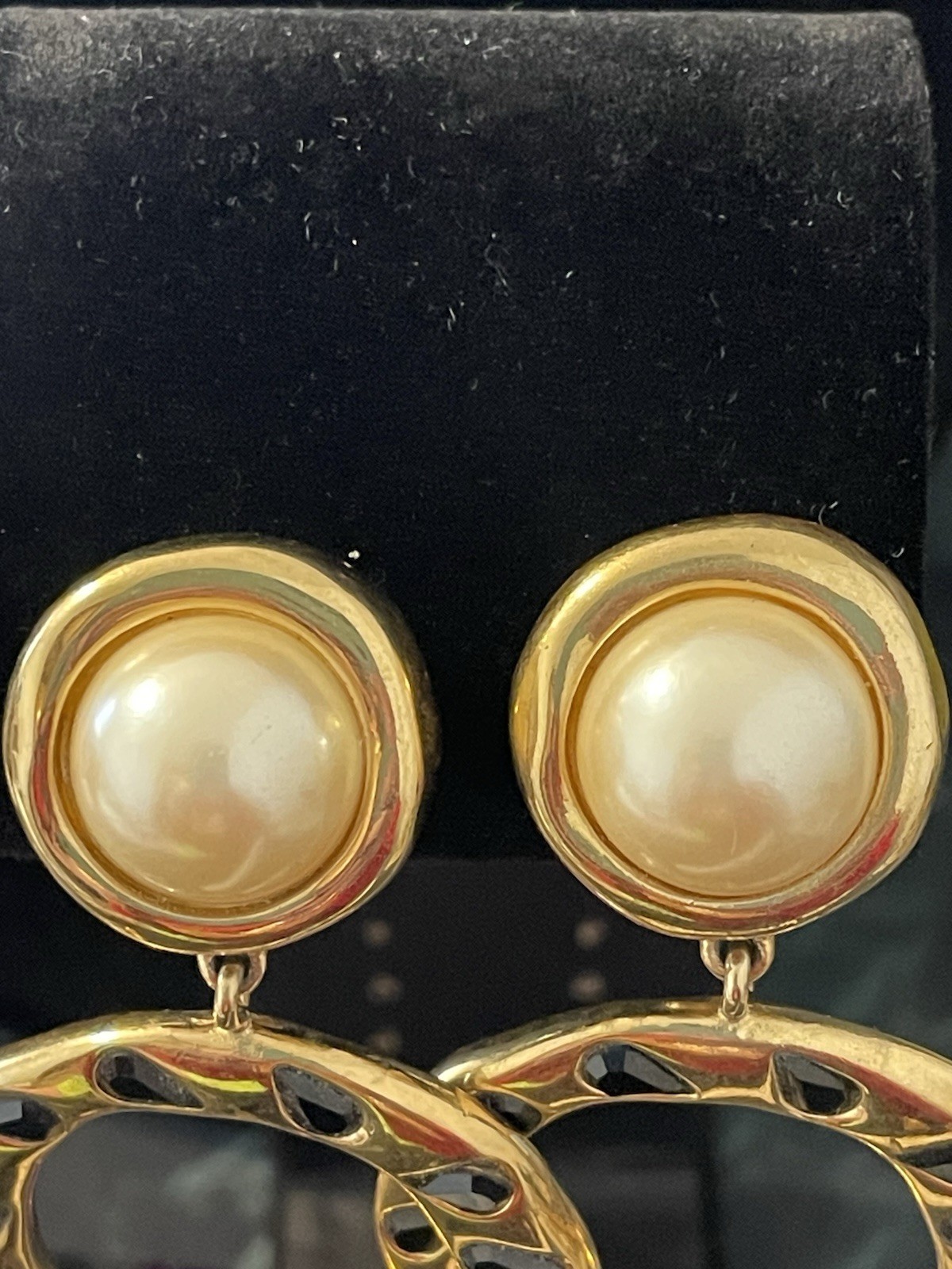 Givenchy Vintage Hoops Earrings Gold Pearl Drop Dangle Black ‘Onyx” Clip Ons