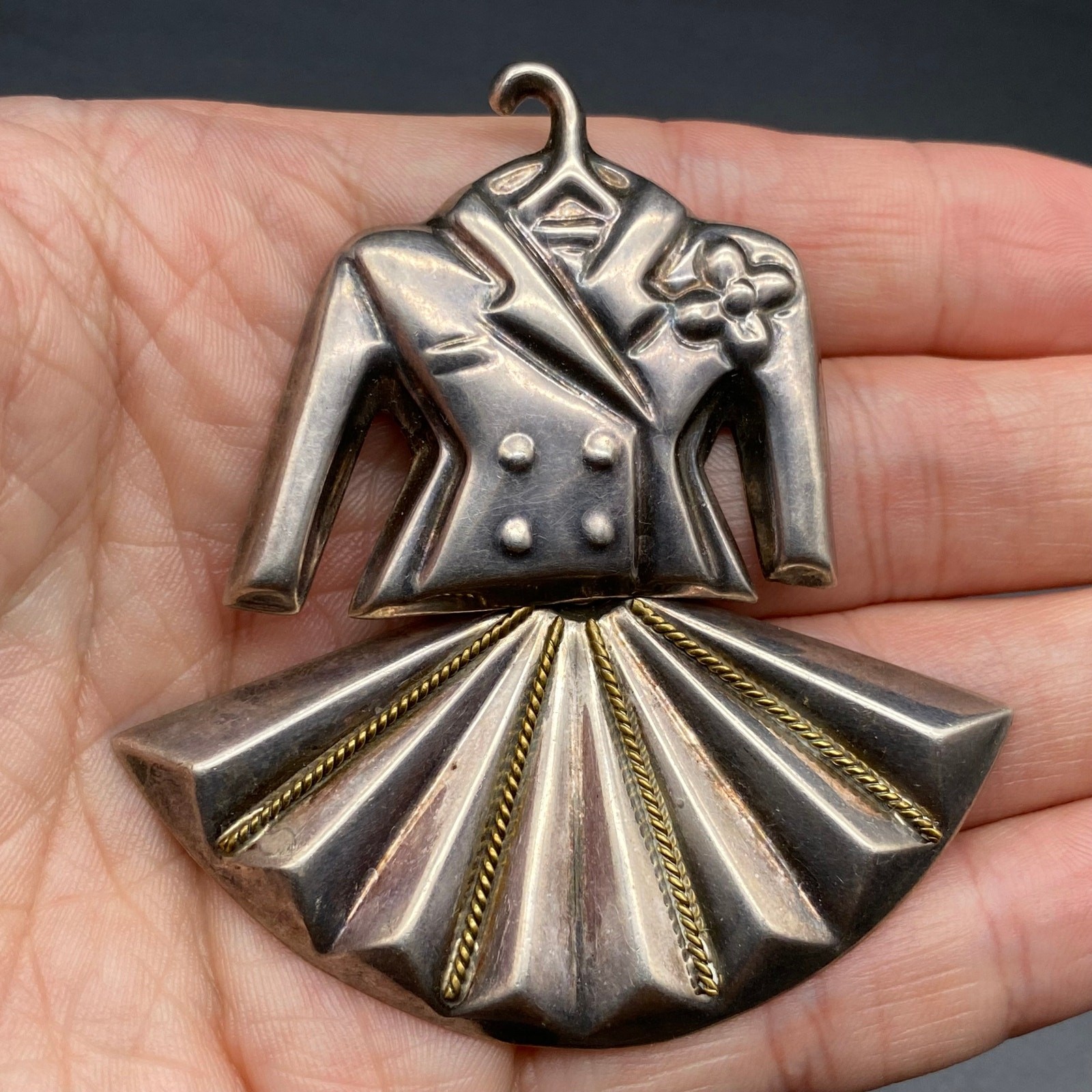 Vintage Mexico Lady Suit Movable Dress Sterling Silver Pin Brooch