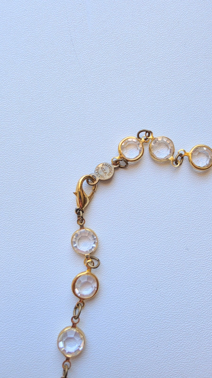Vintage Clear Austrian Crystal USA Necklace 34″ Gold Tone Open Bezel