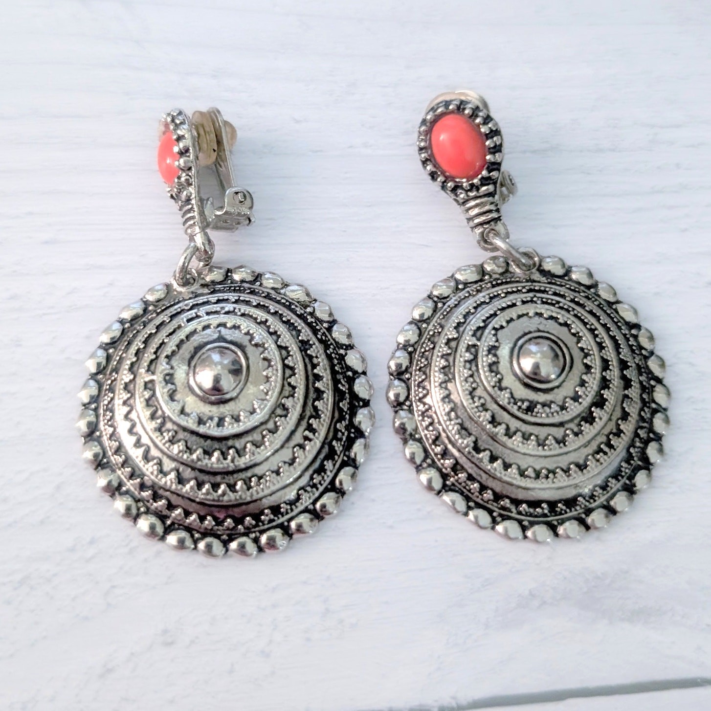 Vintage Clip On Earrings Very Large Silver with Orangey Red Accent Dangle